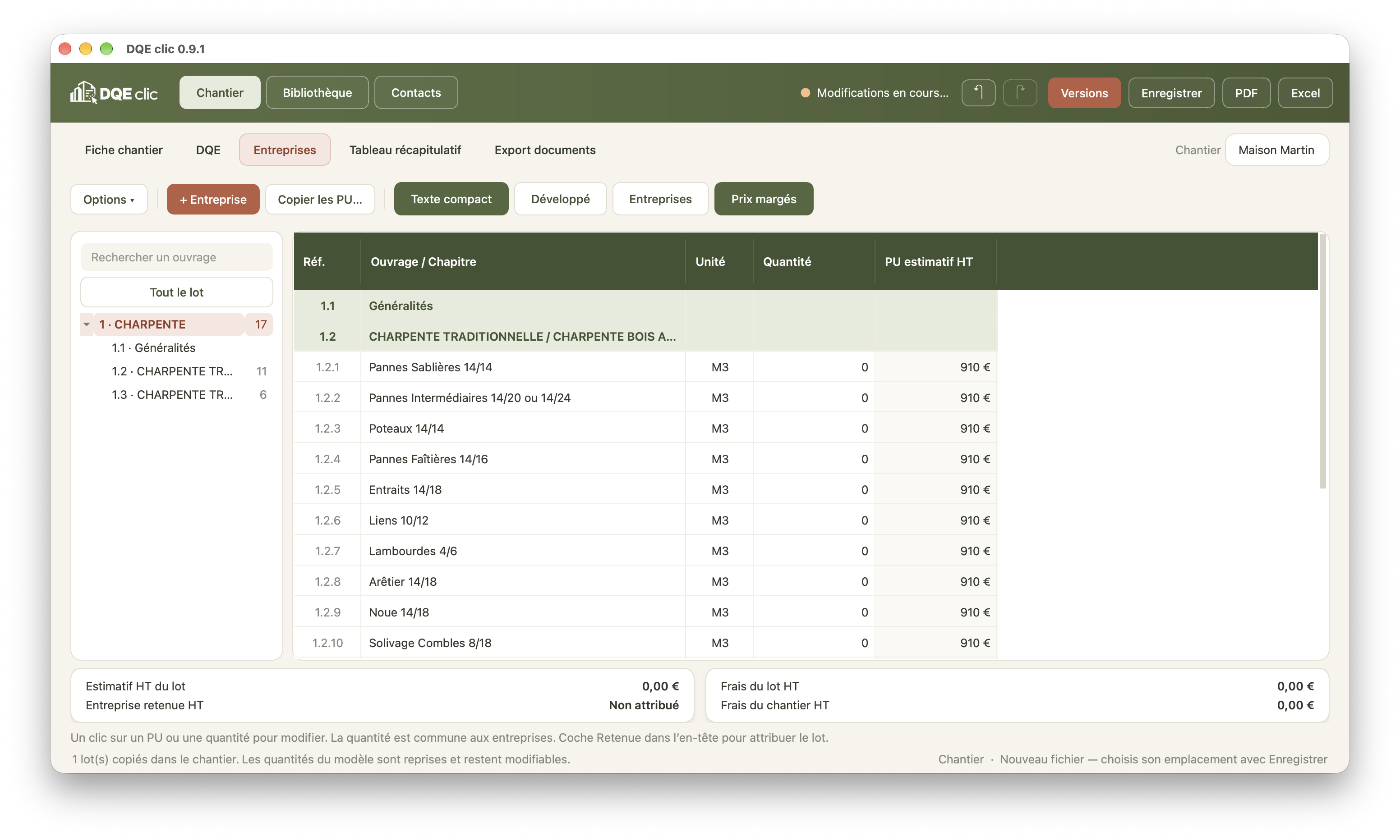 Vue Entreprises de DQE clic 0.9.1 : ouvrages du lot charpente et prix unitaires estimatifs